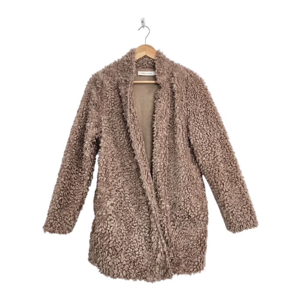 Bishop + Young Womens Taupe Cardigan Jacket Size M Faux Fur Shaggy Teddy‎